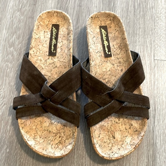 Eddie Bauer Women’s Slide Sandals Size 7 Brown Leather Granola Girl Bohemian - Picture 1 of 11